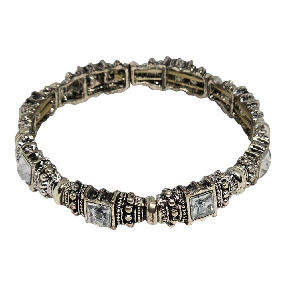 Vintage Silver Tone Stretch Bracelet Clear Rhinestone Crystal Square Ornate - Picture 3 of 10